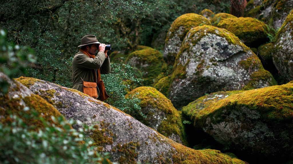 Birdwatcher leaning over rocky coastline in Galicia, Spain, scanning the marshes with binoculars at dawn.