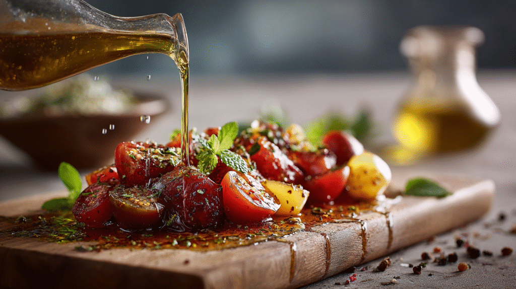 Golden Galician olive oil poured over ripe red and yellow tomatoes on a rustic wooden board at El Agustín retreat in Tui, Spain.