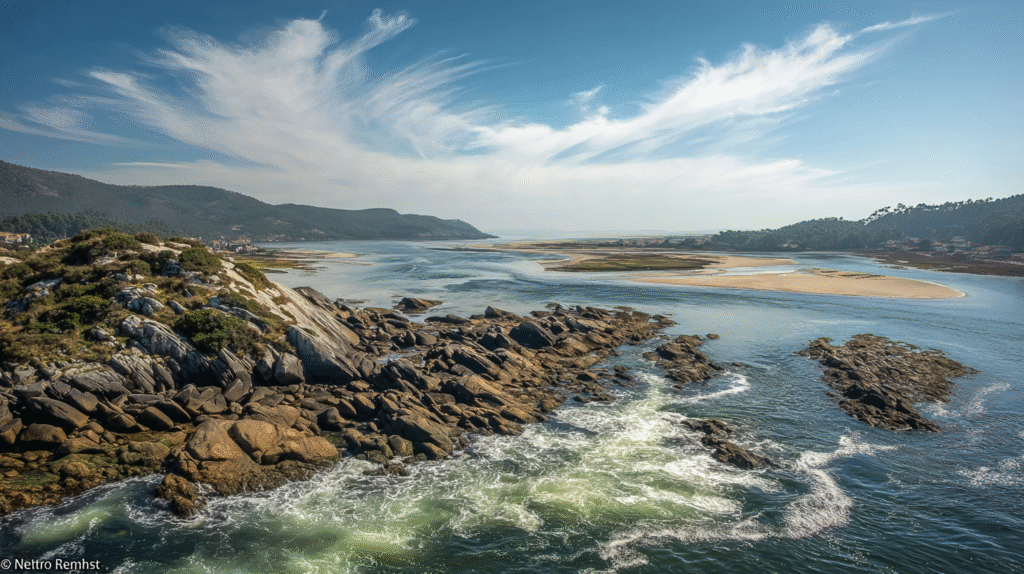 The estuary where the Miño River meets the Atlantic Ocean near A Guarda, Galicia; gentle waves and coastal hills.